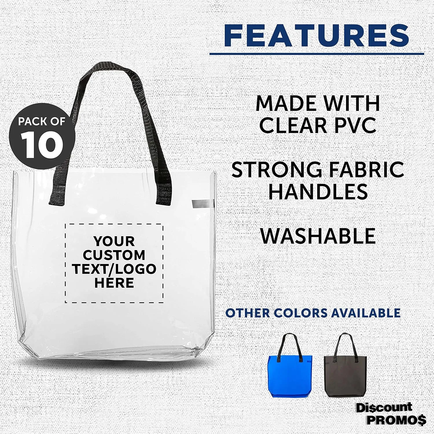 DISCOUNT PROMOS Custom Savanna Clear Plastic Tote Bags Set of 10, Personalized Bulk Pack - Perfect for Employees, Students, And For Everyday Use - Clear