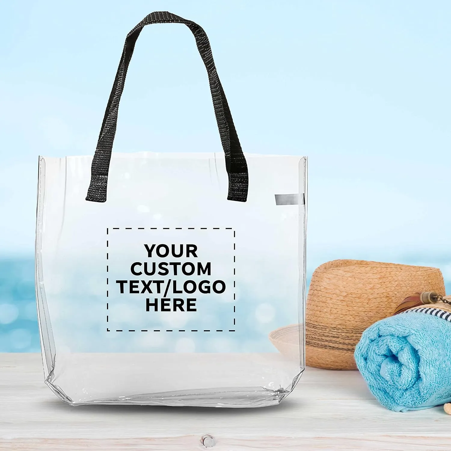 DISCOUNT PROMOS Custom Savanna Clear Plastic Tote Bags Set of 10, Personalized Bulk Pack - Perfect for Employees, Students, And For Everyday Use - Clear