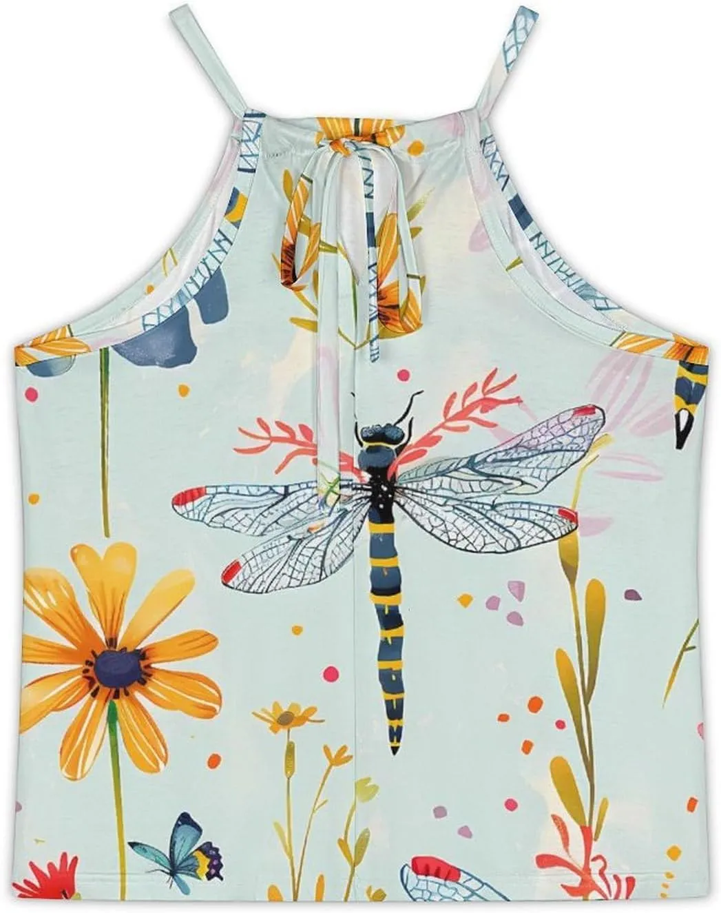 Dragonfly in Flowers Women's Tank Top Sleeveless Spaghetti Straps Tie Back Print T-shirt Tops