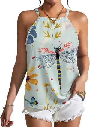 Dragonfly in Flowers Women's Tank Top Sleeveless Spaghetti Straps Tie Back Print T-shirt Tops
