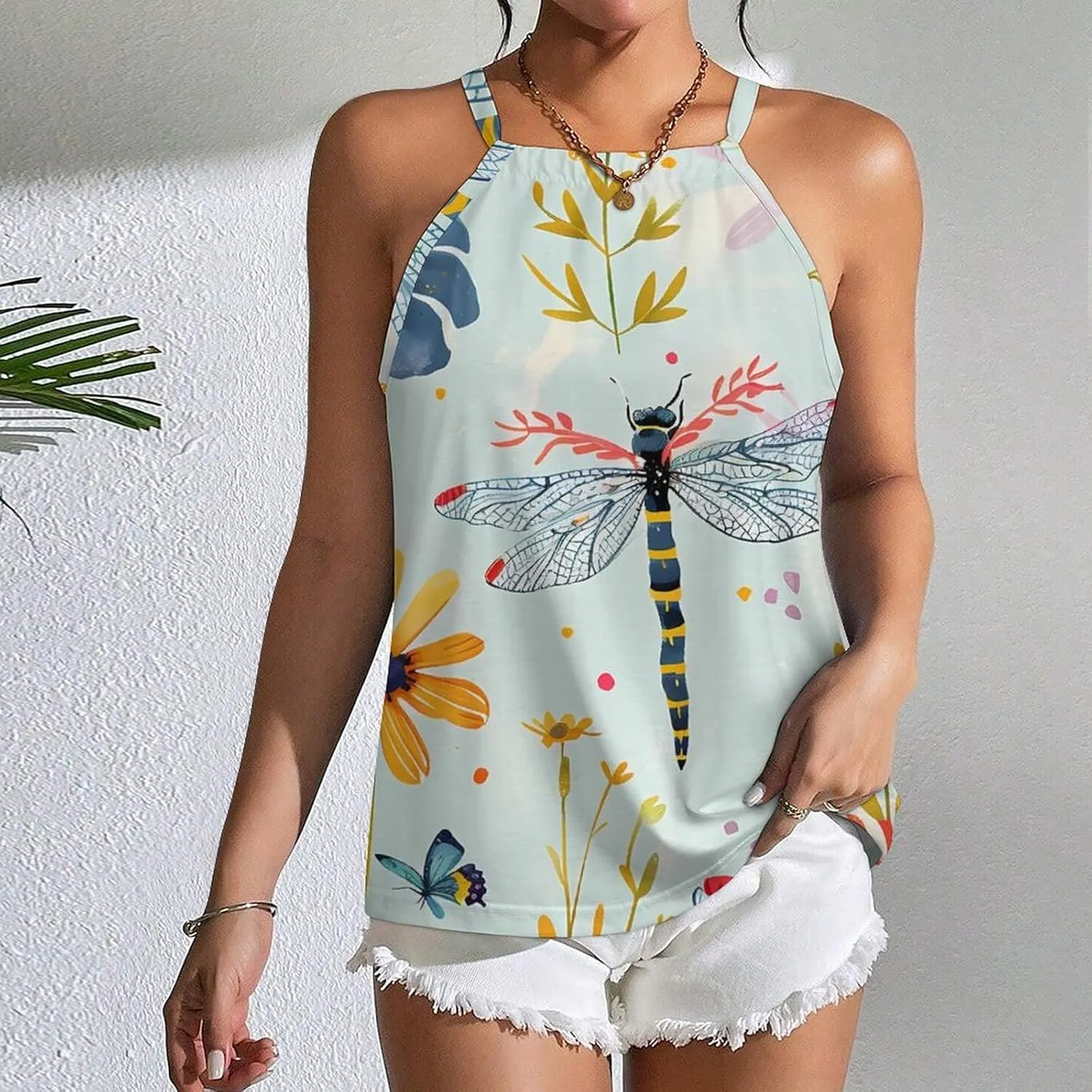 Dragonfly in Flowers Women's Tank Top Sleeveless Spaghetti Straps Tie Back Print T-shirt Tops