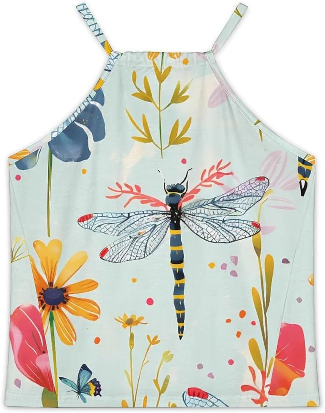 Dragonfly in Flowers Women's Tank Top Sleeveless Spaghetti Straps Tie Back Print T-shirt Tops