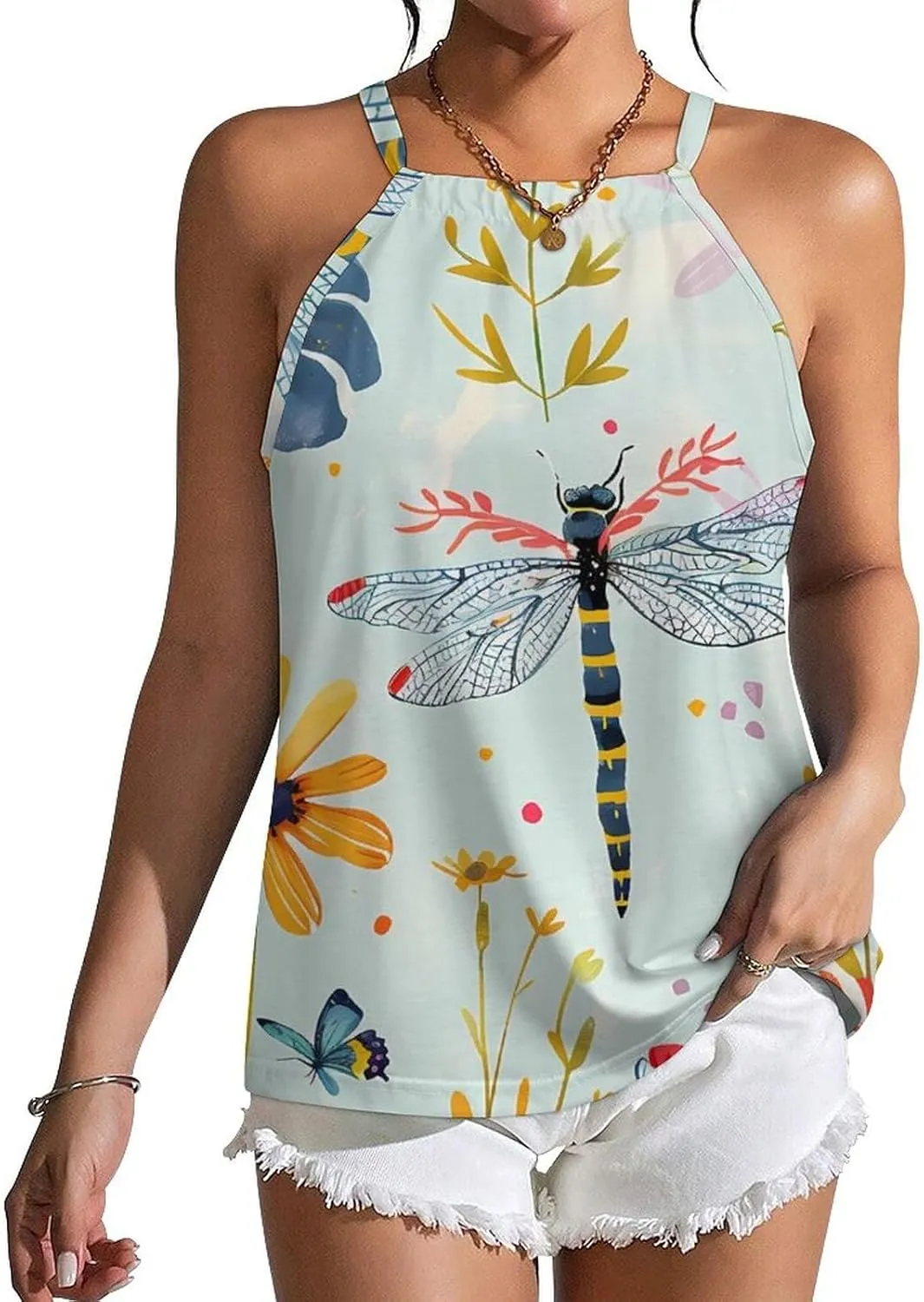 Dragonfly in Flowers Women's Tank Top Sleeveless Spaghetti Straps Tie Back Print T-shirt Tops