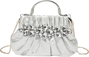 Dumpling Clutch Purse for Women Rhinestones Evening Handbag Small Soft Pleated Clutches for Weddings Proms Cocktail