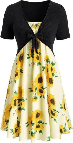 Eduavar Two Piece Outfits for Women Dress, Sundresses for Women 2024 Casual Short Sleeve Bowknot Tops and Floral Midi Dress