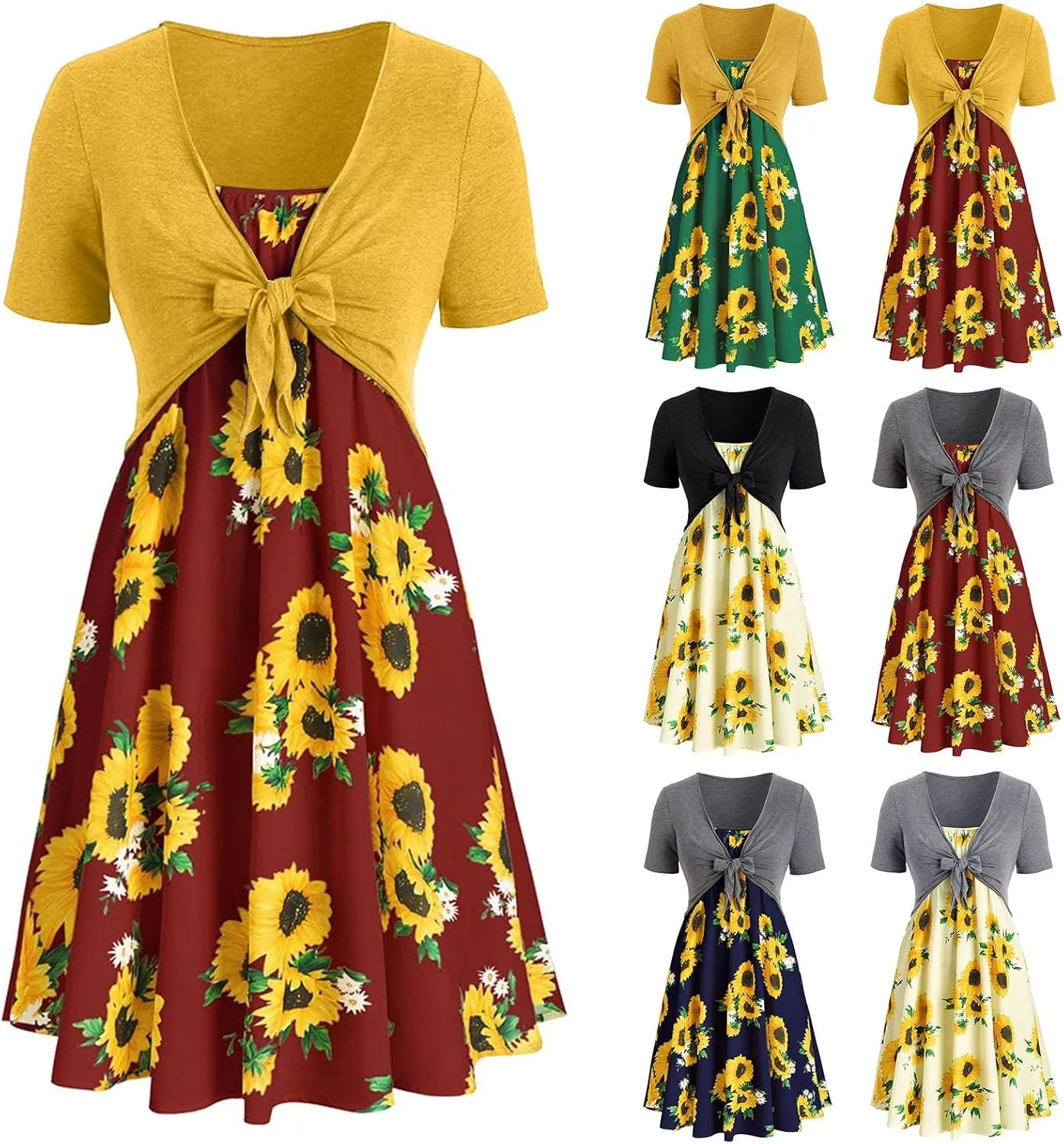 Eduavar Two Piece Outfits for Women Dress, Sundresses for Women 2024 Casual Short Sleeve Bowknot Tops and Floral Midi Dress