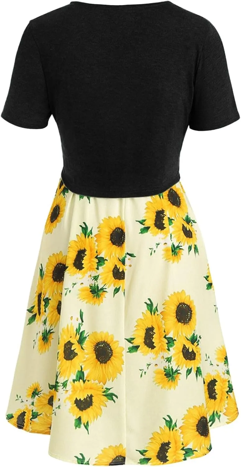 Eduavar Two Piece Outfits for Women Dress, Sundresses for Women 2024 Casual Short Sleeve Bowknot Tops and Floral Midi Dress