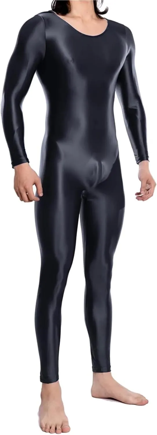 Elastic Men's Undershirts Glossy Shiny Long Sleeve Fitness Bodysuit Male Jumpsuit Sport Gym Yoga Sexy Leotard Wrestling