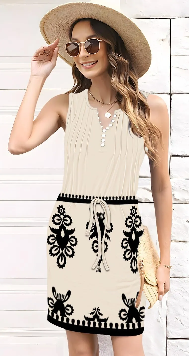 ETCYY Womens Summer Casual Dresses Sleeveless Beach Vacation Sundresses Drawstring Waist Short Striped Dress with Pockets