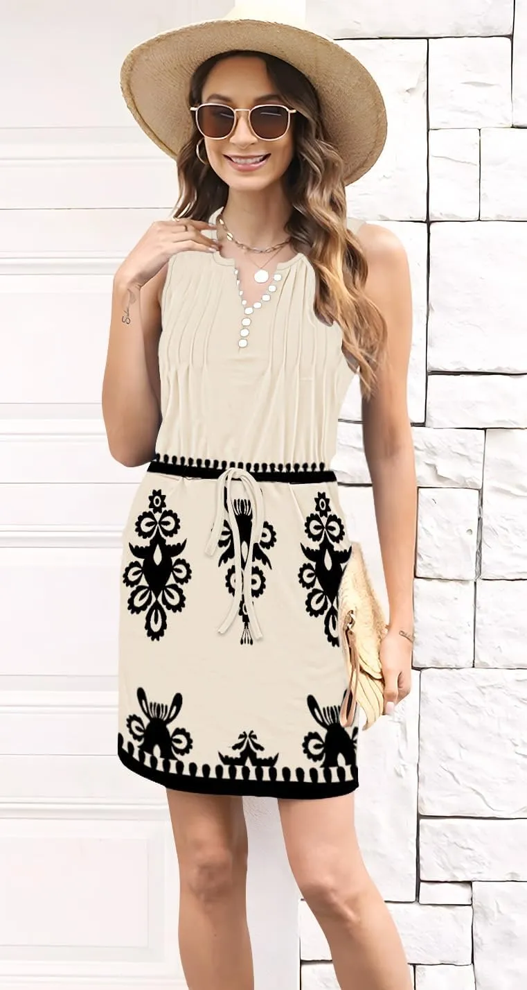 ETCYY Womens Summer Casual Dresses Sleeveless Beach Vacation Sundresses Drawstring Waist Short Striped Dress with Pockets