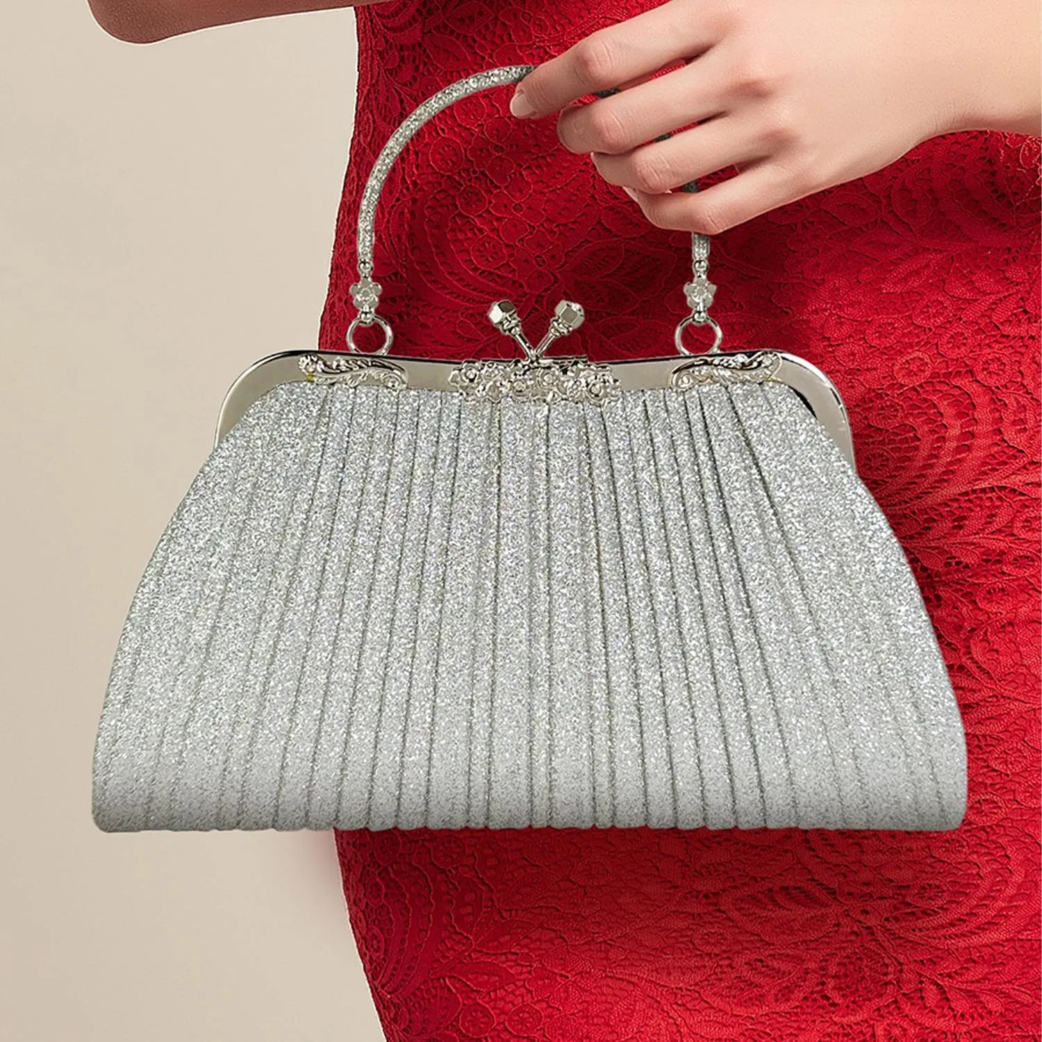 Evening Bag Party Clutches,Glitter Clutch Pleated Wedding Bag,Cocktail Prom Handbags Prom Purse Handbag for women.