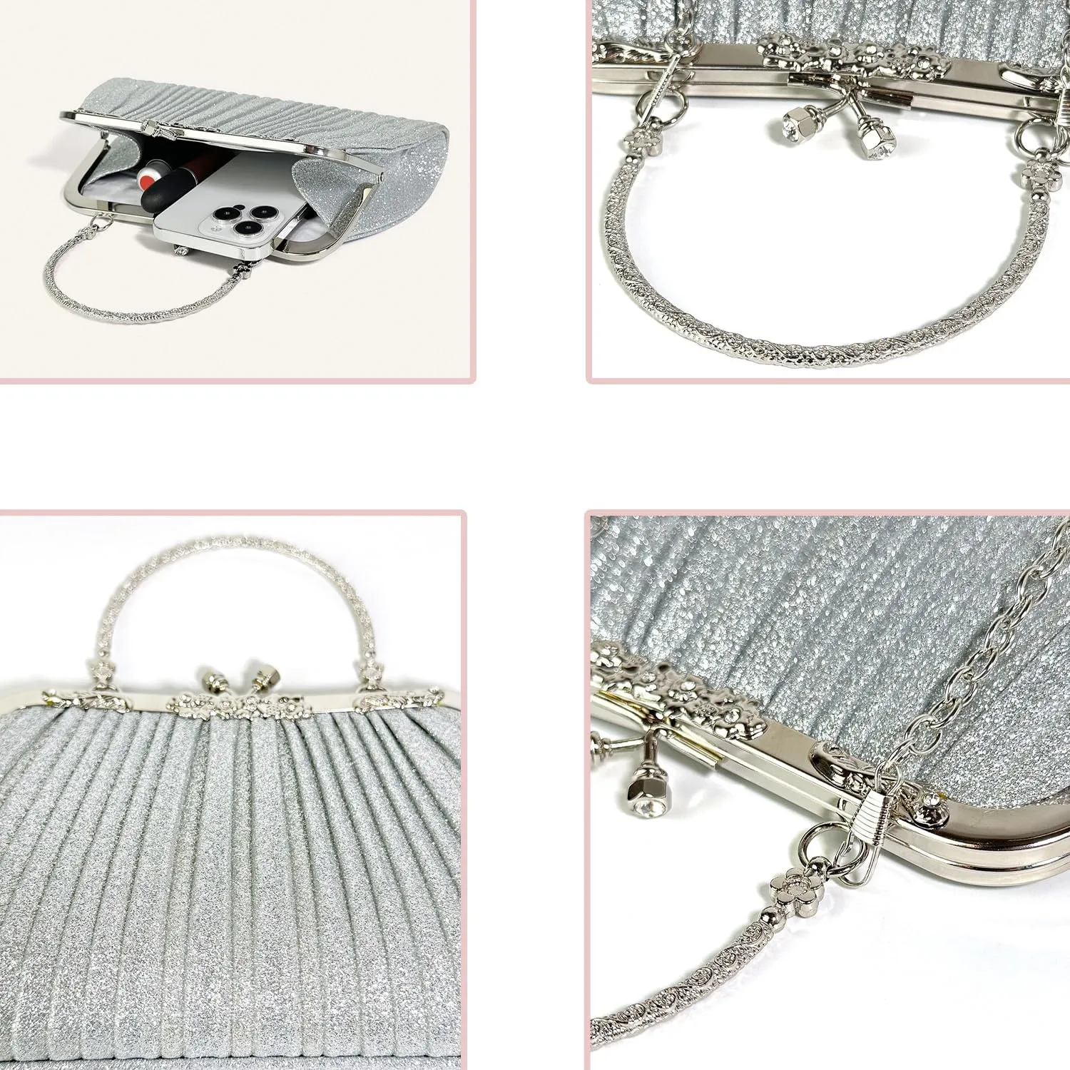 Evening Bag Party Clutches,Glitter Clutch Pleated Wedding Bag,Cocktail Prom Handbags Prom Purse Handbag for women.
