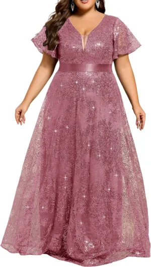 Ever-Pretty Plus Women's V Neck Embroidered Sequin A Line Ruffles Sleeves Plus Size Evening Dresses Ball Gowns 02314-DA