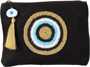 Evil Eye Jute Small Clutch/Pouch Black-Gold Beach Bag With Zipper and Tassel - Gift Idea