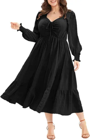 Eytino Plus Size Dress for Women Long Sleeve Sweetheart Neck Ruffle Long Maxi Dresses(1X-5X)