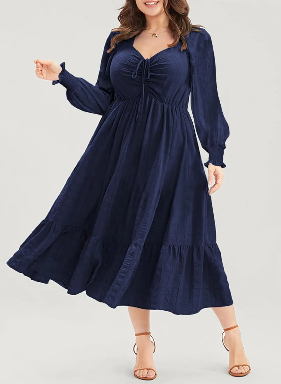 Eytino Plus Size Dress for Women Long Sleeve Sweetheart Neck Ruffle Long Maxi Dresses(1X-5X)