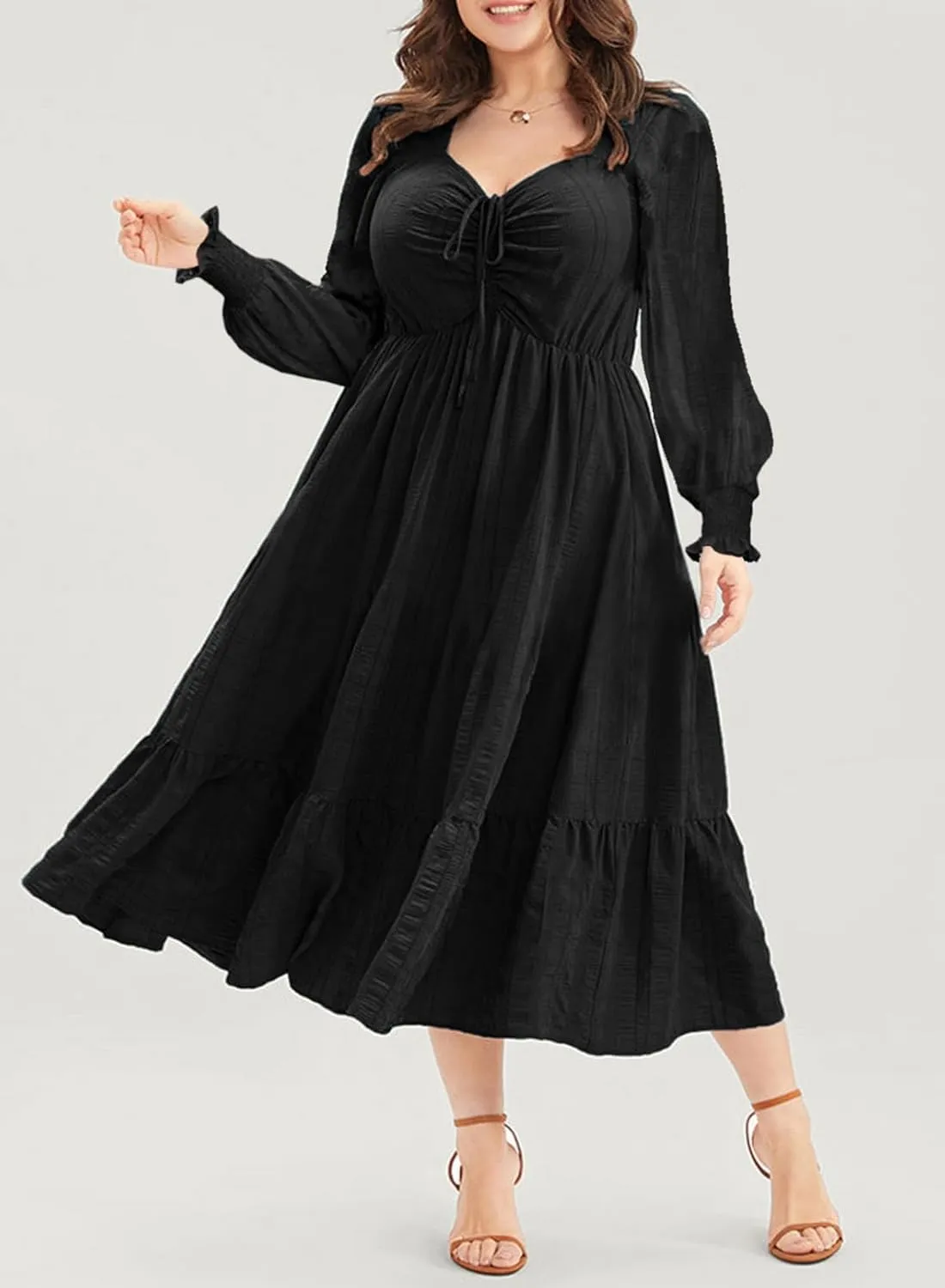 Eytino Plus Size Dress for Women Long Sleeve Sweetheart Neck Ruffle Long Maxi Dresses(1X-5X)