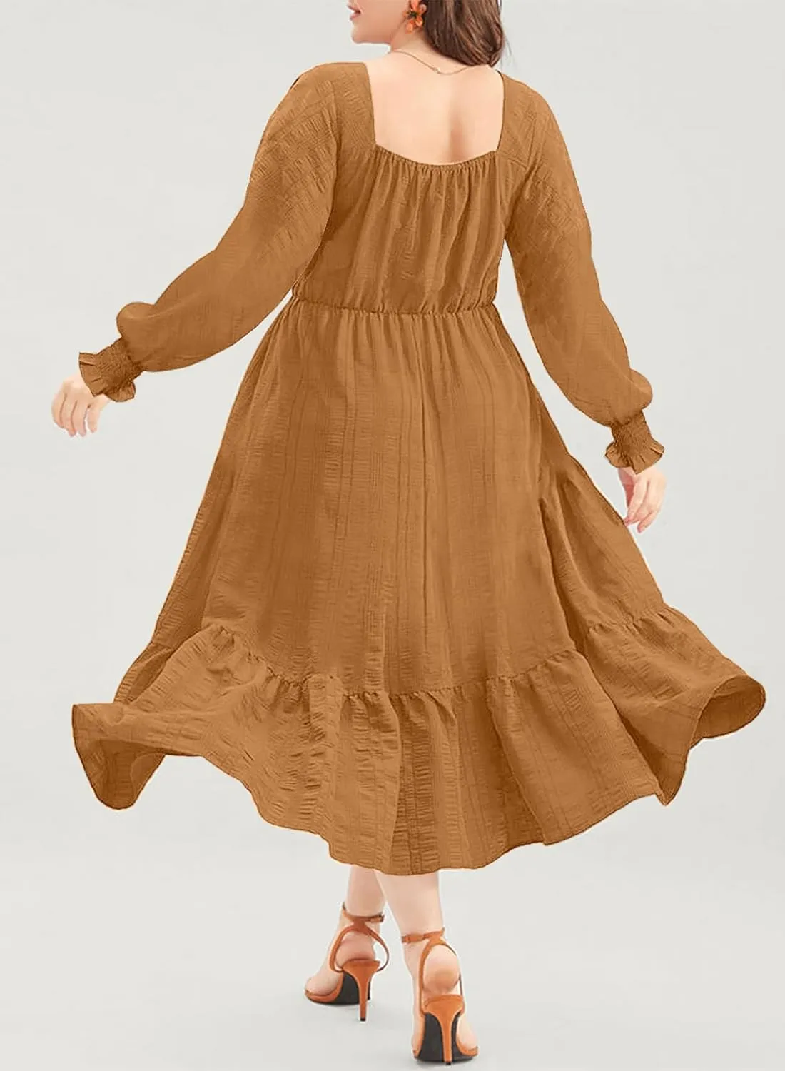 Eytino Plus Size Dress for Women Long Sleeve Sweetheart Neck Ruffle Long Maxi Dresses(1X-5X)