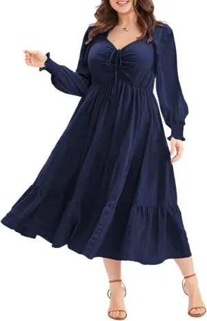 Eytino Plus Size Dress for Women Long Sleeve Sweetheart Neck Ruffle Long Maxi Dresses(1X-5X)