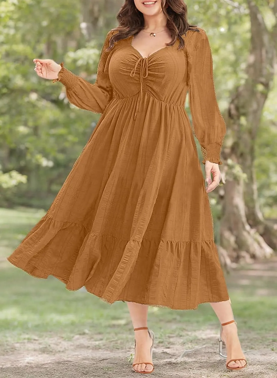 Eytino Plus Size Dress for Women Long Sleeve Sweetheart Neck Ruffle Long Maxi Dresses(1X-5X)