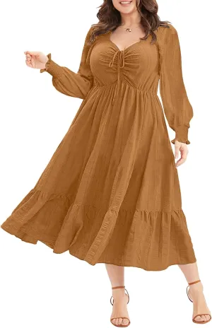 Eytino Plus Size Dress for Women Long Sleeve Sweetheart Neck Ruffle Long Maxi Dresses(1X-5X)