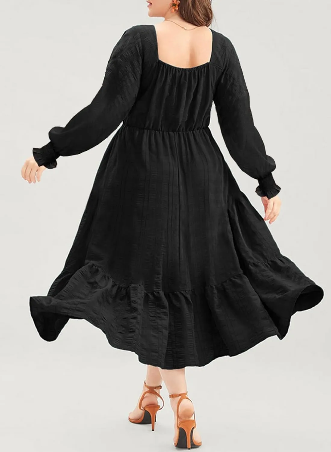 Eytino Plus Size Dress for Women Long Sleeve Sweetheart Neck Ruffle Long Maxi Dresses(1X-5X)