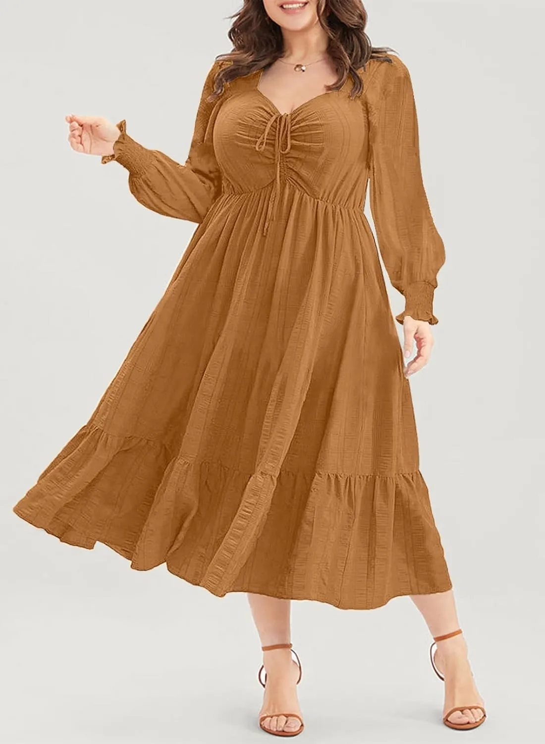 Eytino Plus Size Dress for Women Long Sleeve Sweetheart Neck Ruffle Long Maxi Dresses(1X-5X)