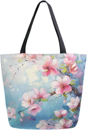 Fashion Extra Large Shoulder Grocery Tote Bag, Beautiful Painting Blooming Cherry Blossom Canvas Daily Handle Bag for Gym Yoga Weekender Beach Travel Picnic Kitchen Reusable Market Shopping