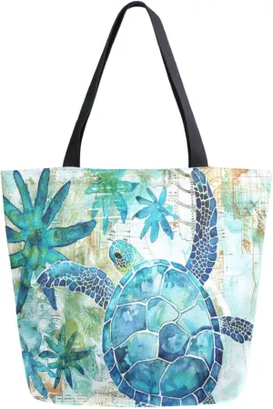 Fashion Extra Large Shoulder Grocery Tote Bag, Vintage Old Style Sea Turtle Canvas Daily Handle Bag for Gym Yoga Weekender Beach Travel Picnic Kitchen Reusable Market Shopping