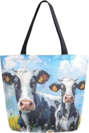 Fashion Pattern Extra Large Shoulder Grocery Tote Bag, Blue Sky Farm Cow with Calf Painting Canvas Daily Handle Bag for Gym Weekender Beach Travel Kitchen Reusable Market Shopping