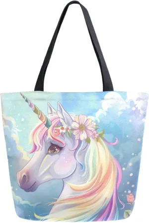 Fashion Pattern Extra Large Shoulder Grocery Tote Bag, Cartoon Unicorn in Rainbow Flowers Canvas Daily Handle Bag for Gym Weekender Beach Travel Kitchen Reusable Market Shopping