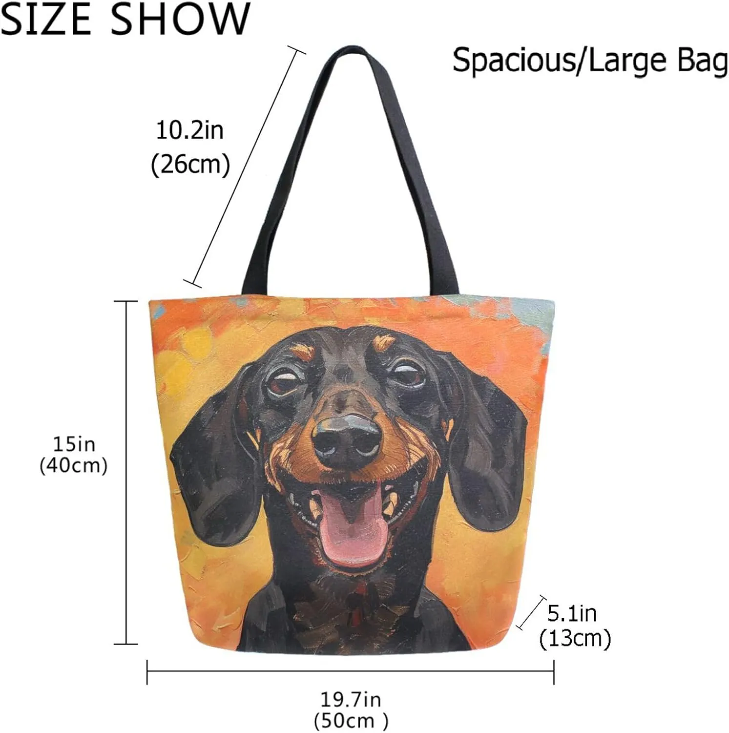 Fashion Pattern Extra Large Shoulder Grocery Tote Bag, Happy Dachshund Face Canvas Daily Handle Bag for Gym Weekender Beach Travel Kitchen Reusable Market Shopping, klu69736111p281c318s555