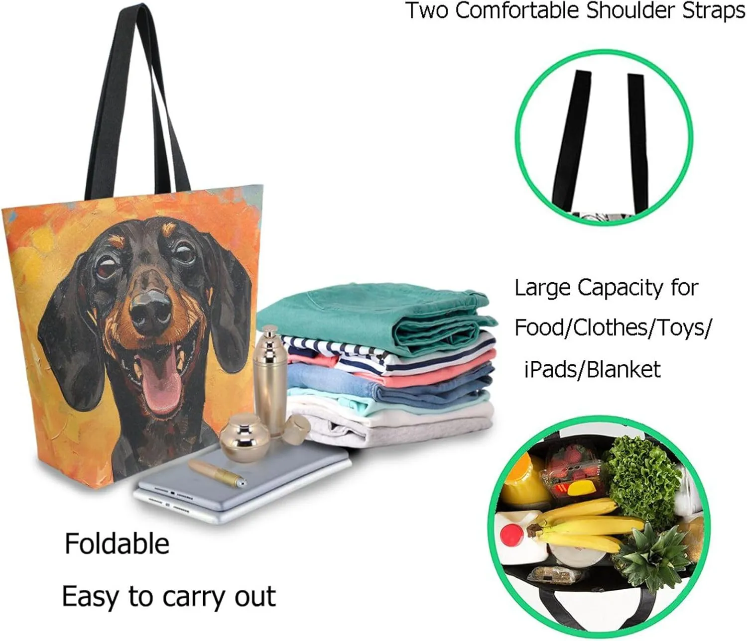 Fashion Pattern Extra Large Shoulder Grocery Tote Bag, Happy Dachshund Face Canvas Daily Handle Bag for Gym Weekender Beach Travel Kitchen Reusable Market Shopping, klu69736111p281c318s555