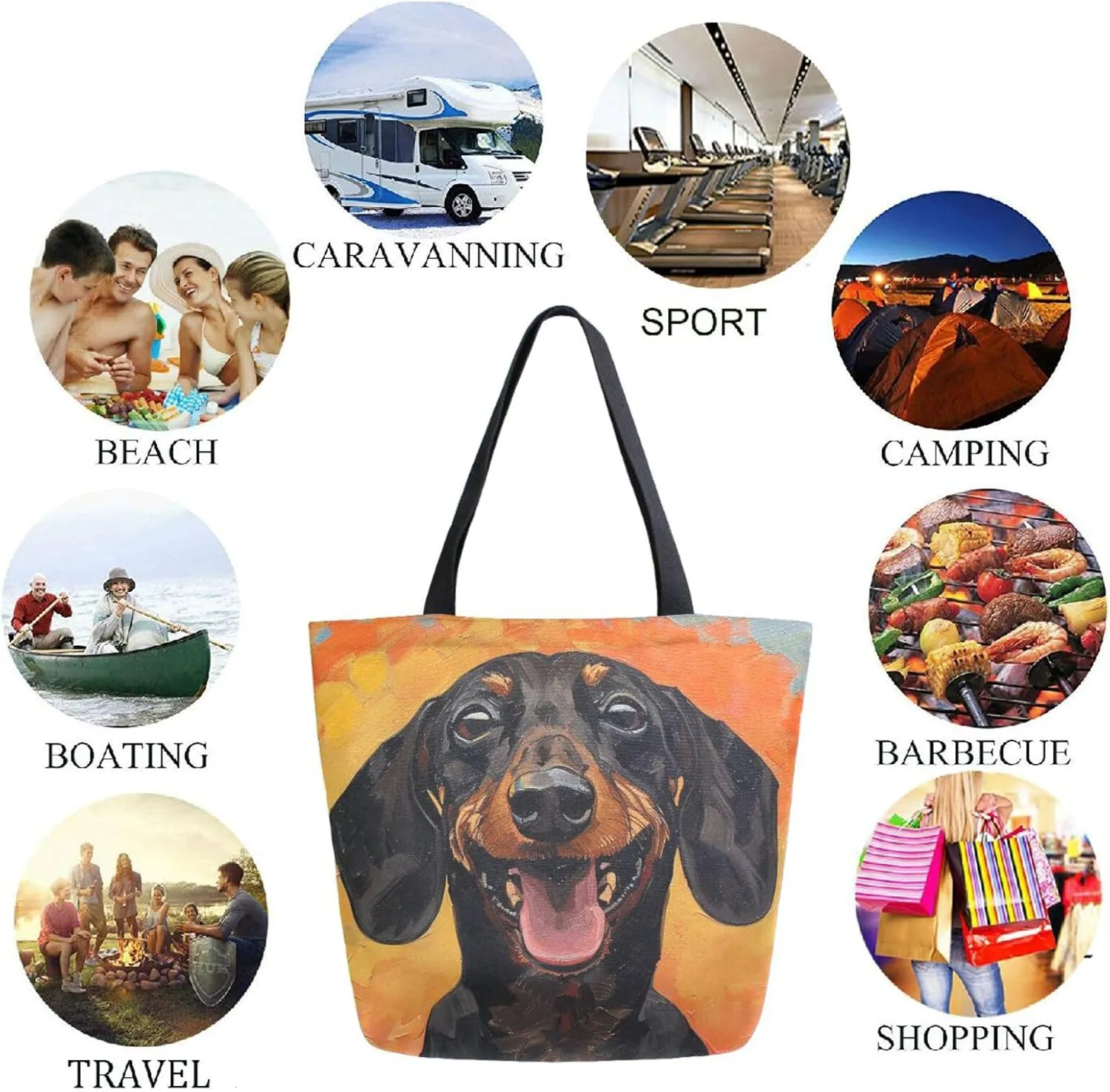 Fashion Pattern Extra Large Shoulder Grocery Tote Bag, Happy Dachshund Face Canvas Daily Handle Bag for Gym Weekender Beach Travel Kitchen Reusable Market Shopping, klu69736111p281c318s555