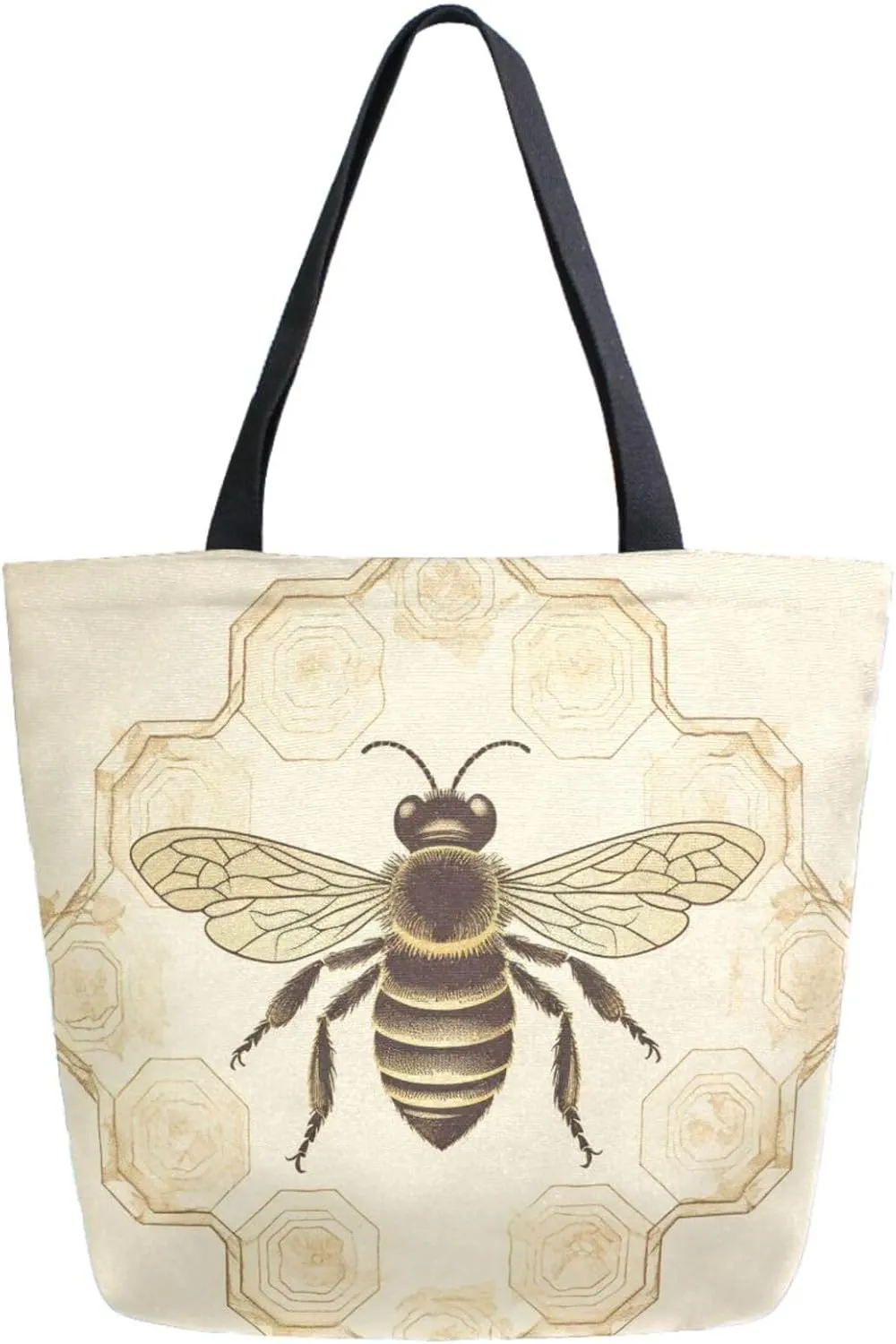 Fashion Pattern Extra Large Shoulder Grocery Tote Bag, Retro Honey Bee in Geometric Honeycomb Canvas Daily Handle Bag for Gym Weekender Beach Travel Kitchen Reusable Market Shopping