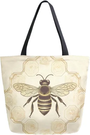 Fashion Pattern Extra Large Shoulder Grocery Tote Bag, Retro Honey Bee in Geometric Honeycomb Canvas Daily Handle Bag for Gym Weekender Beach Travel Kitchen Reusable Market Shopping
