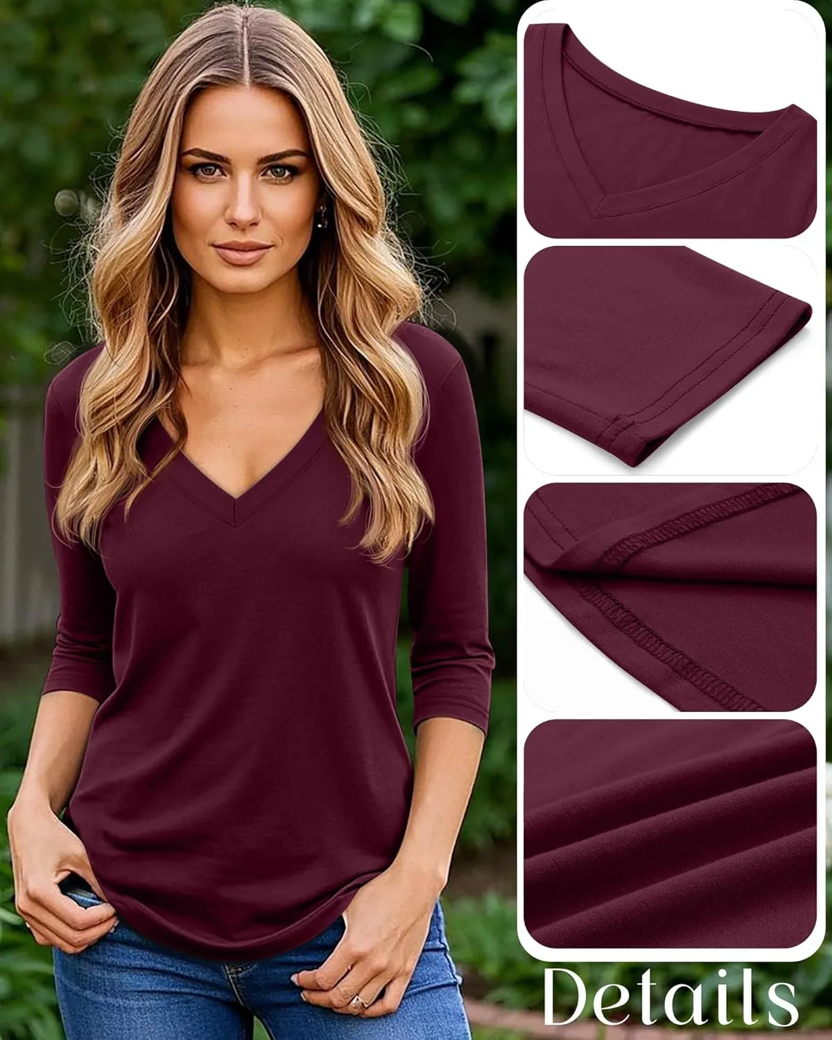 Ficerd 4 Pack Women's 3/4 Sleeve T Shirts, V Neck Casual Tunic Tops Loose Fit Cotton Shirts Solid Color Summer Tees