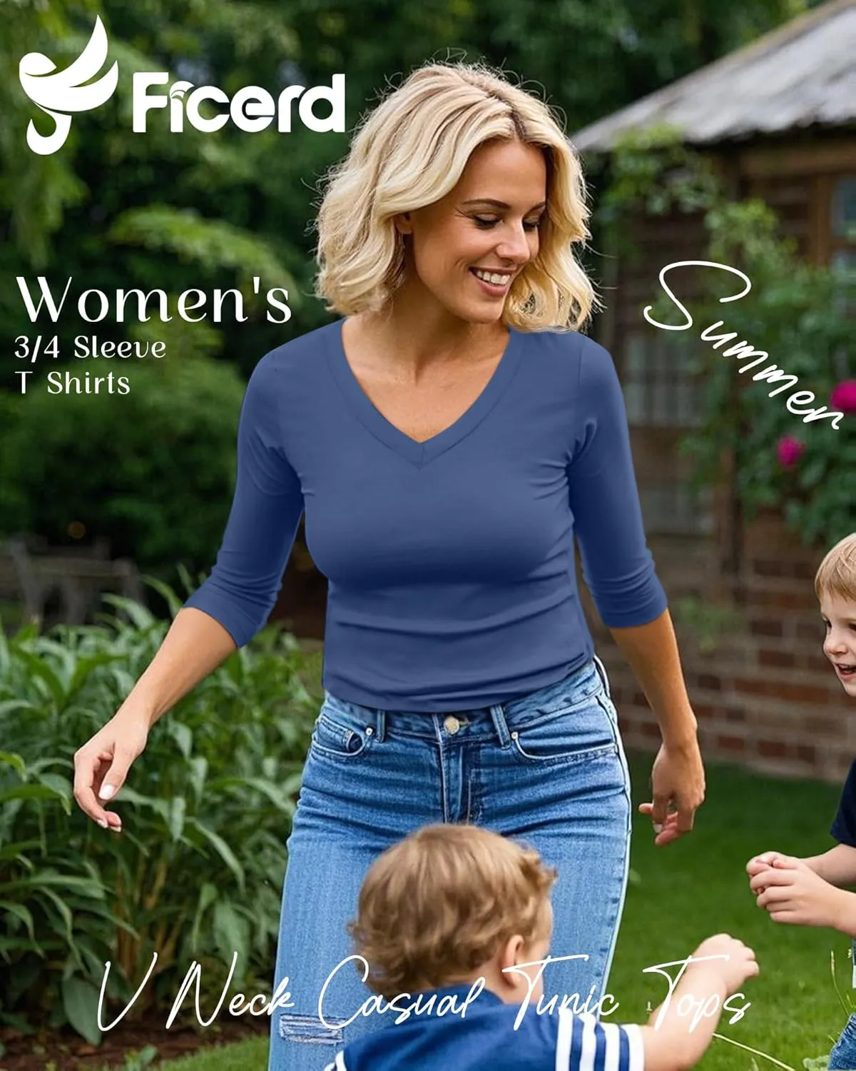 Ficerd 4 Pack Women's 3/4 Sleeve T Shirts, V Neck Casual Tunic Tops Loose Fit Cotton Shirts Solid Color Summer Tees