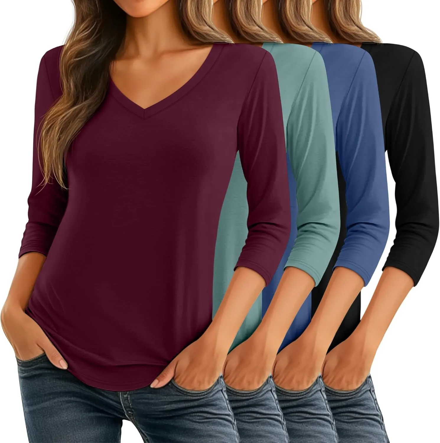 Ficerd 4 Pack Women's 3/4 Sleeve T Shirts, V Neck Casual Tunic Tops Loose Fit Cotton Shirts Solid Color Summer Tees