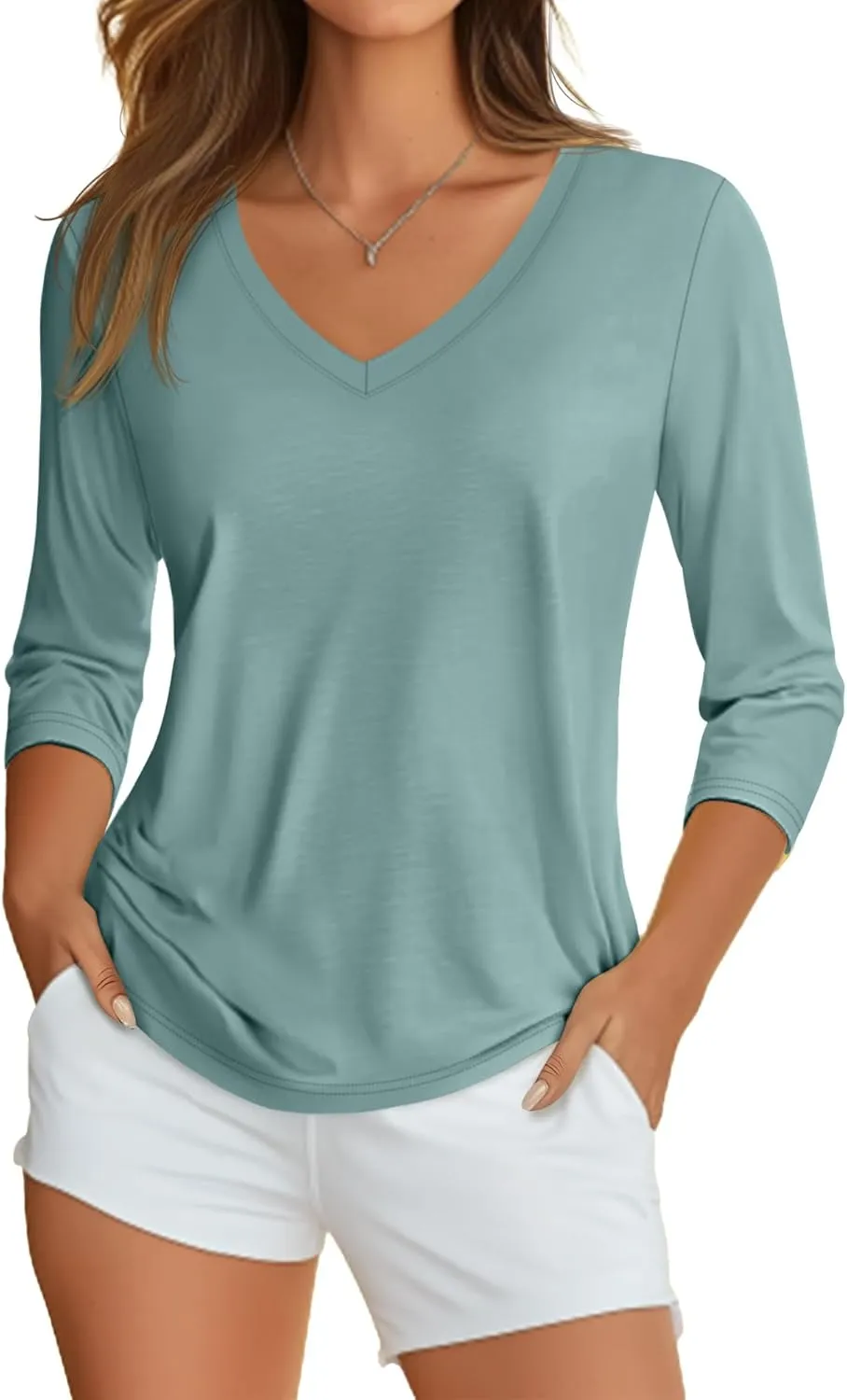 Ficerd 4 Pack Women's 3/4 Sleeve T Shirts, V Neck Casual Tunic Tops Loose Fit Cotton Shirts Solid Color Summer Tees