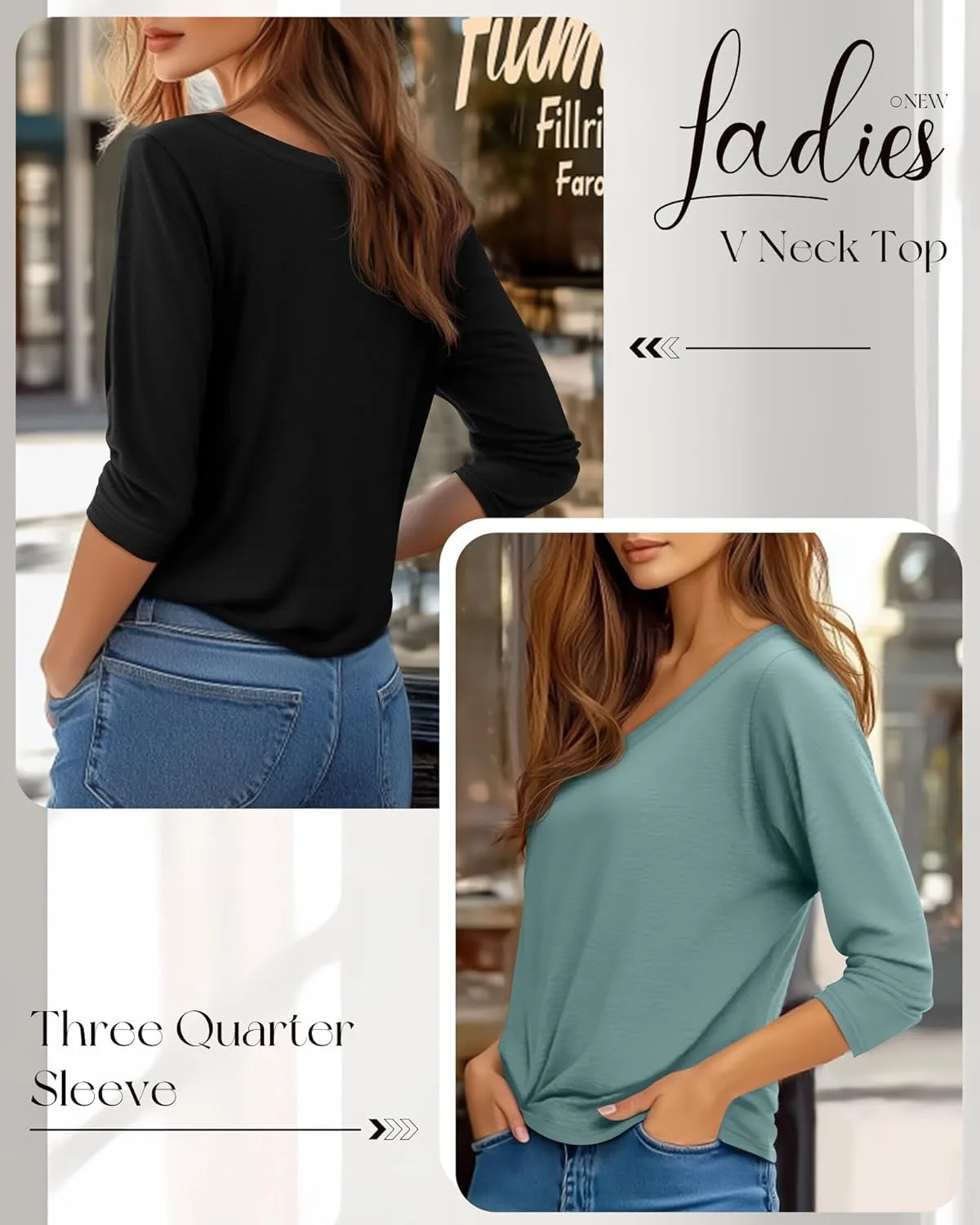 Ficerd 4 Pack Women's 3/4 Sleeve T Shirts, V Neck Casual Tunic Tops Loose Fit Cotton Shirts Solid Color Summer Tees