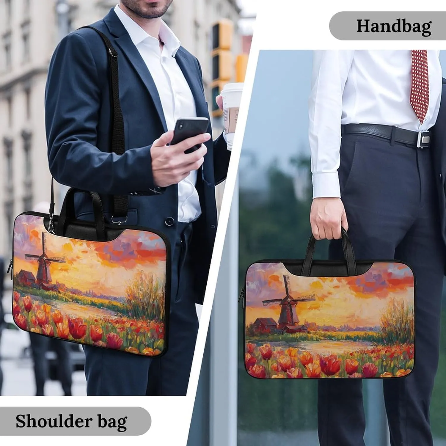 Field Of Tulips And Windmill Leather Bag Laptop Case Slim Water Resistant Computer Bags with Handle Briefcase for Work