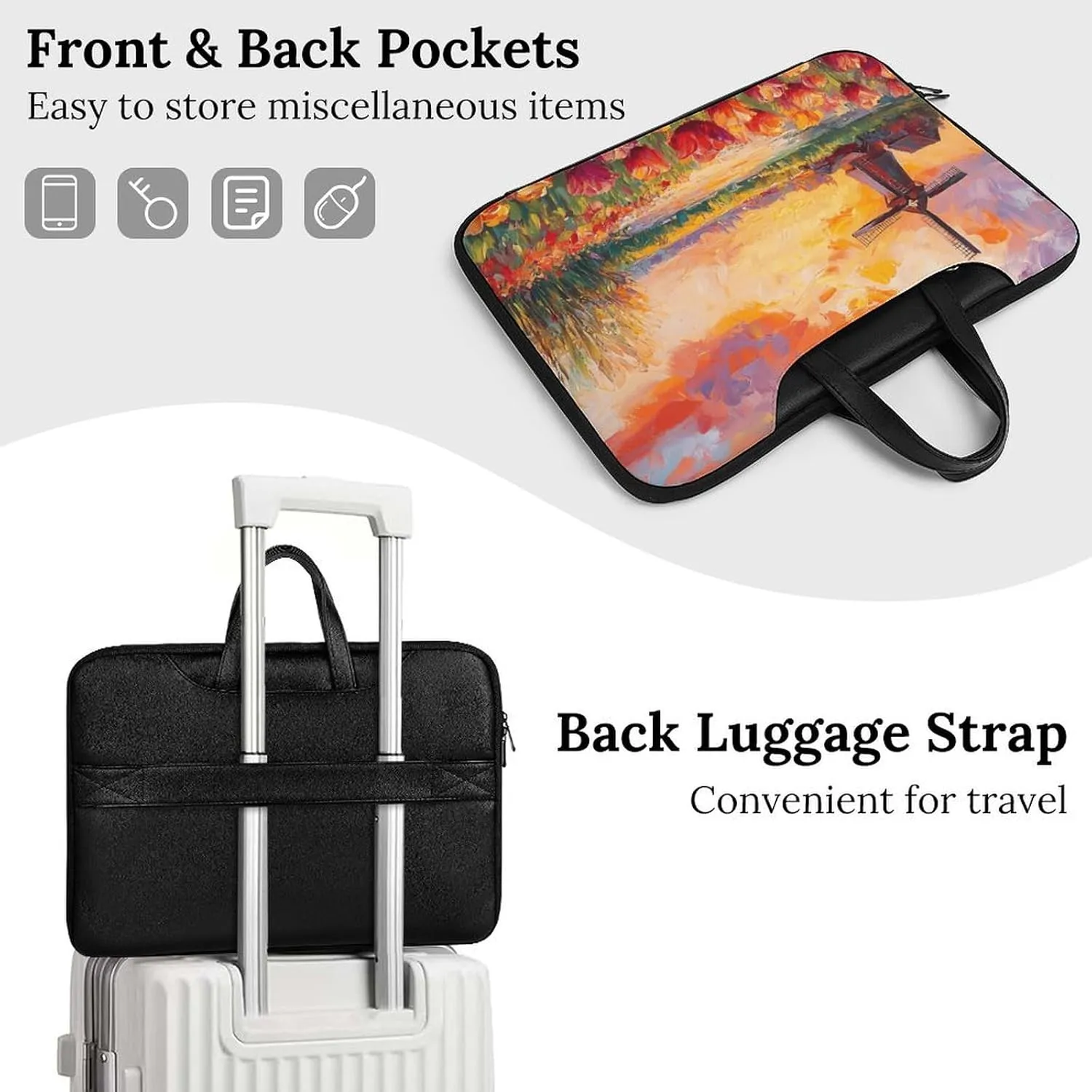 Field Of Tulips And Windmill Leather Bag Laptop Case Slim Water Resistant Computer Bags with Handle Briefcase for Work