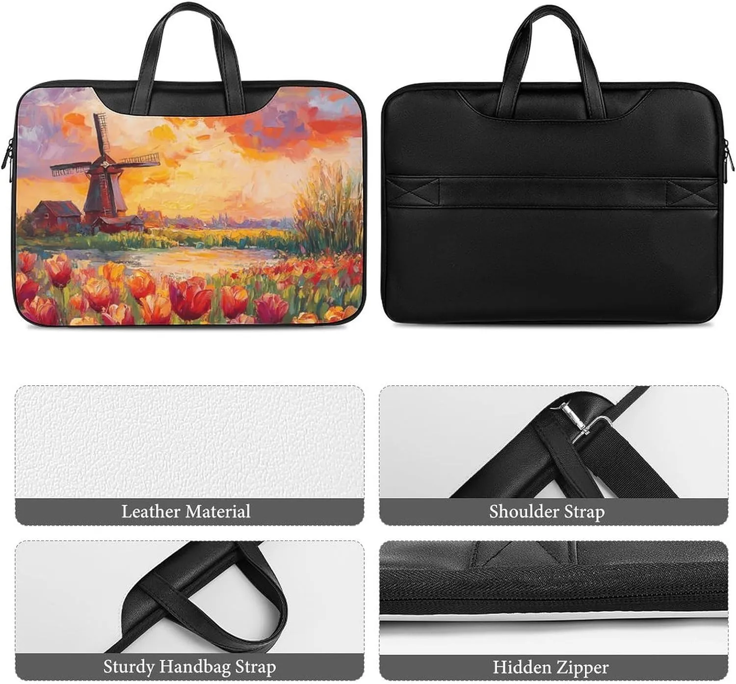 Field Of Tulips And Windmill Leather Bag Laptop Case Slim Water Resistant Computer Bags with Handle Briefcase for Work