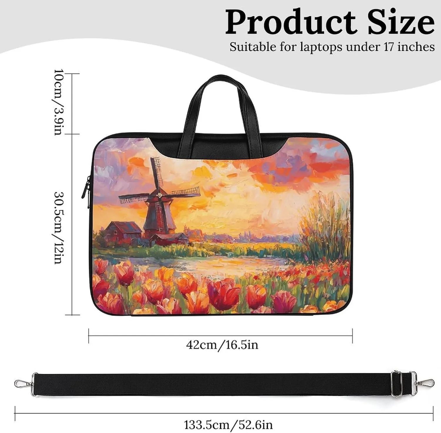 Field Of Tulips And Windmill Leather Bag Laptop Case Slim Water Resistant Computer Bags with Handle Briefcase for Work