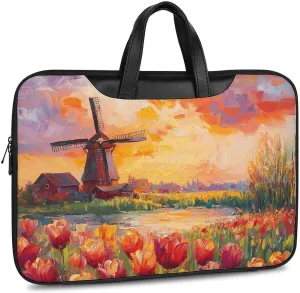 Field Of Tulips And Windmill Leather Bag Laptop Case Slim Water Resistant Computer Bags with Handle Briefcase for Work