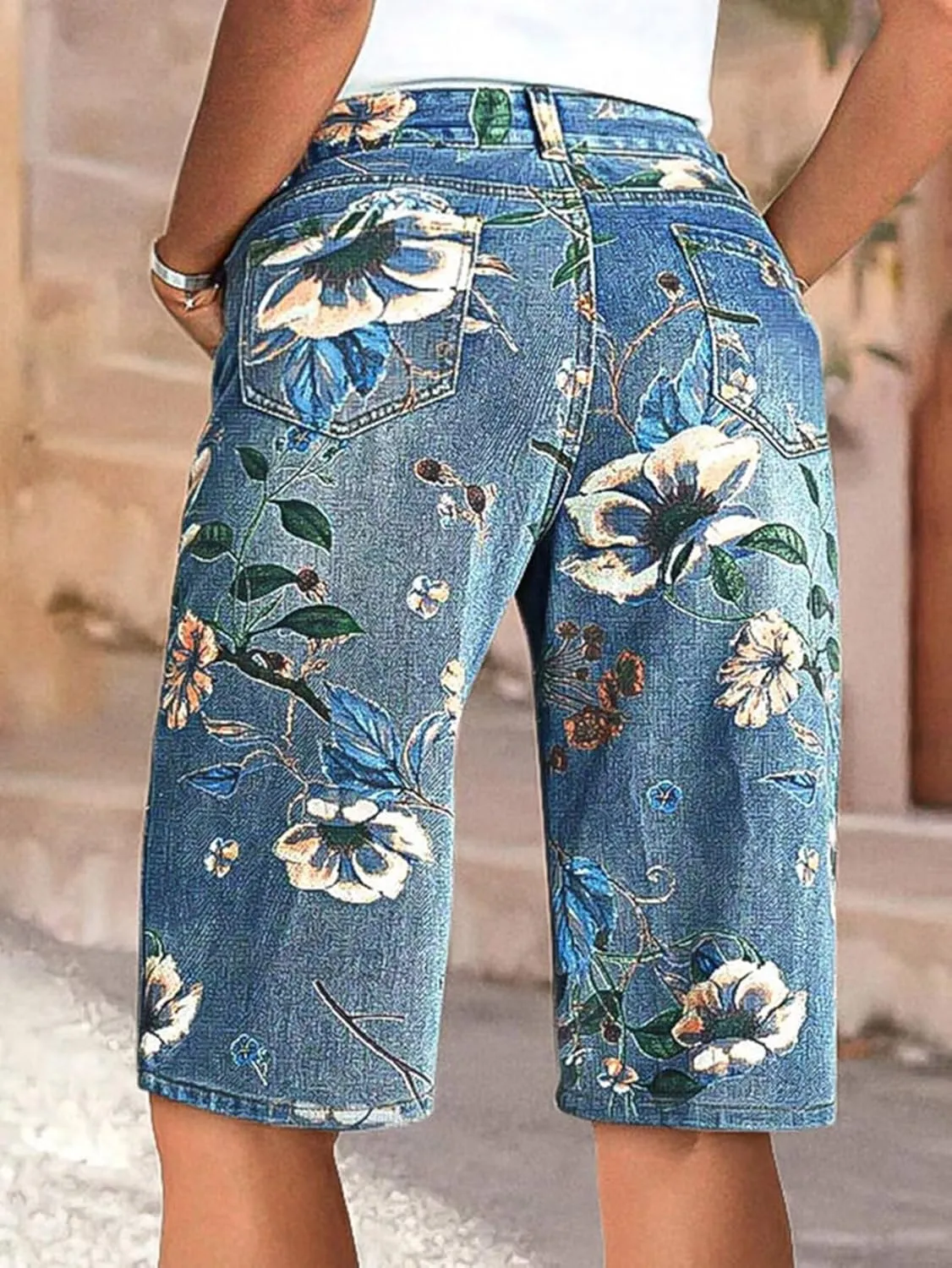 Flamingals High Waisted Bermuda Shorts for Women Knee Length Floral Print Stretchy Summer Denim Shorts Trendy