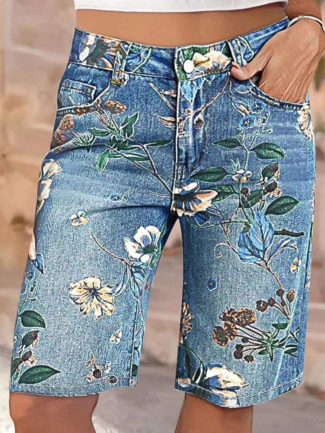 Flamingals High Waisted Bermuda Shorts for Women Knee Length Floral Print Stretchy Summer Denim Shorts Trendy