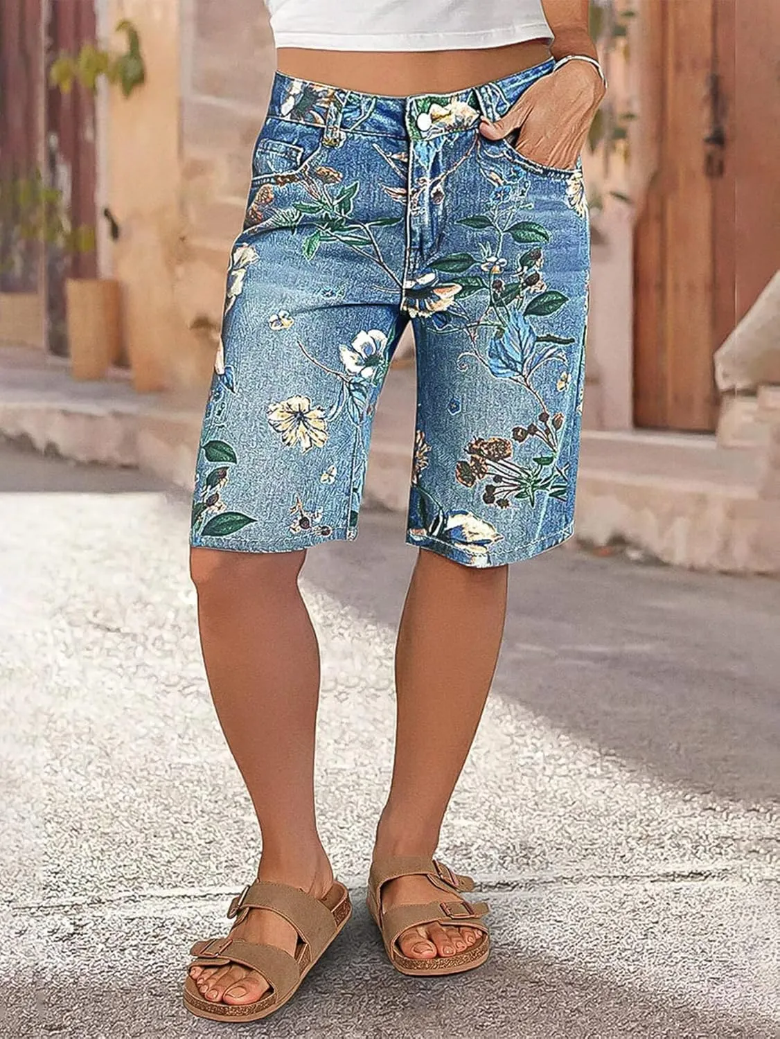 Flamingals High Waisted Bermuda Shorts for Women Knee Length Floral Print Stretchy Summer Denim Shorts Trendy