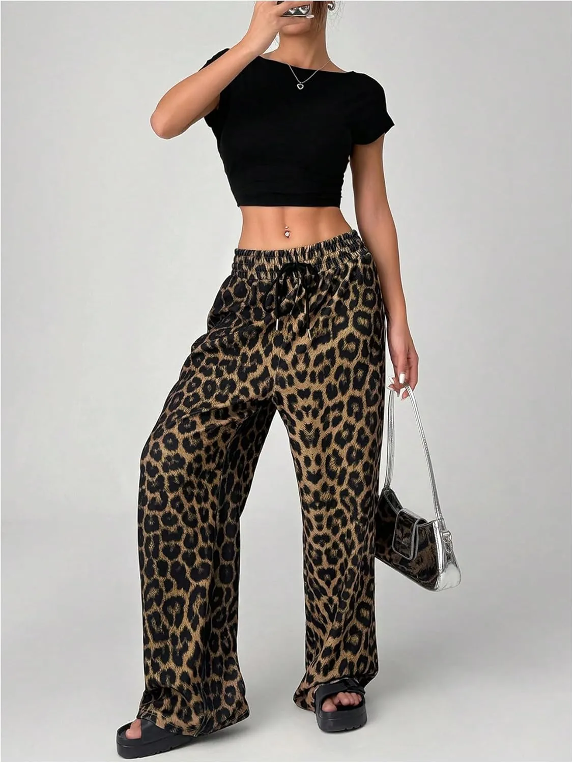 Floerns Women's Causal Drawstring High Waist Baggy Straight Wide Leg Sweatpants with Pockets